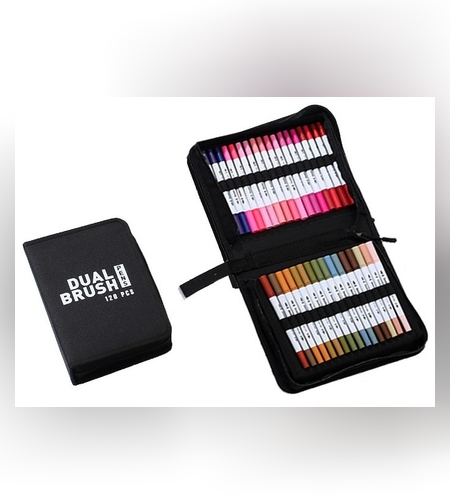 Set Carioci pe Baza de Apa, Flippy, 2 in 1, pentru Pictura, Caligrafie, 120 Culori, Penar Negru, Corp Carioca Alb, 27.5 x 19.5 x 8 cm, Multicolor