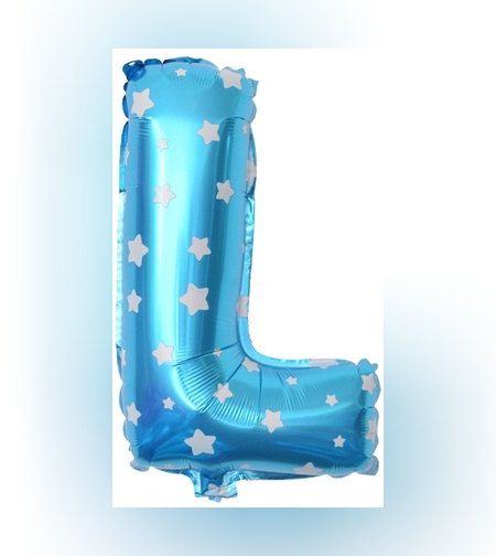 Balon Folie Metalizata Litera L, Flippy, 40 cm, Cu Imprimeu Stelute, Umflati cu Heliu sau Aer, Ambalaj Individual, Pai inclus, Albastru