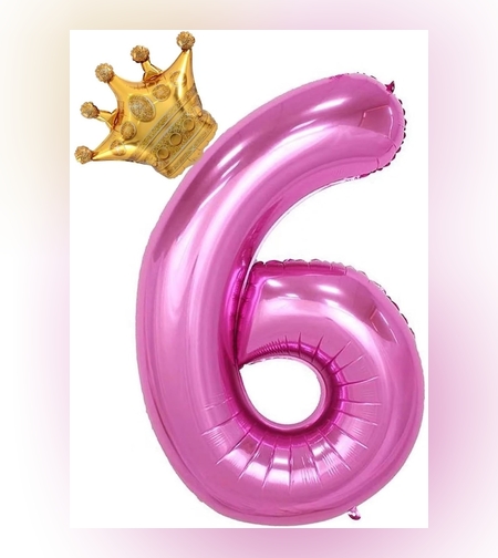 Balon din Folie Metalizata Flippy, Figurina Cifra si Coroana, Tema Aniversare 100 cm, Ambalaj Individual, Pai inclus, Umflare cu Aer sau Heliu, Roz, Cifra 6