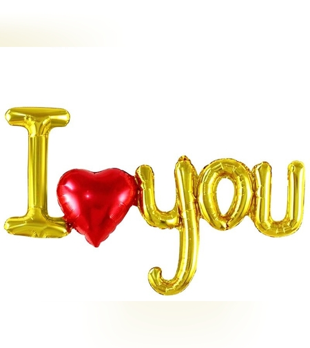 Set Baloane Folie Metalizata, Flippy, Model I LOVE YOU cu Inimioara, 54x97 cm, Tematica Ziua Îndrăgostiților, Ambalaj Individual, Pai Inclus, Umflare cu Aer sau Heliu, Auriu