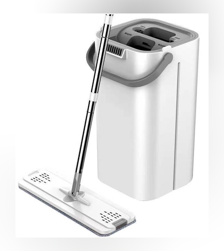 Set de curatenie Flippy, mop si galeata, galeata 5.7 l, 4 rezerve microfibra incluse, design modern, pentru interior, material plastic, peri sintetici, plat, cu storcere, alb