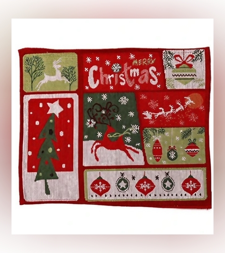 Servet de Masa, Flippy, Model Ren, Brad si Globulete, Scris Merry Christmas, Tematica Craciun, Prosop pentru Masa, 47x33 cm, Bumbac si Fibre Sintetice, Rosu