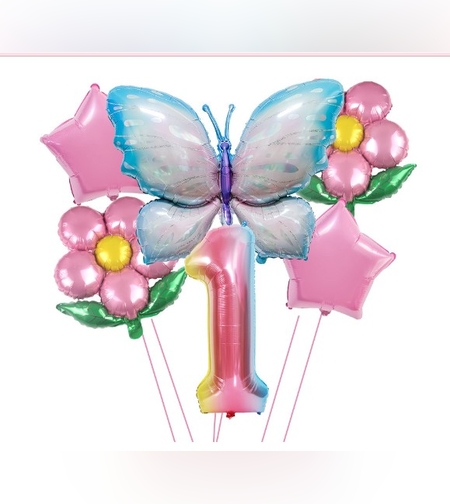 Set baloane aniversare cu numere, din folie de aluminiu, 6 piese, 2 flori, 2 stelute, 1 fluture, 1 cifra, Multicolor, Cifra 1