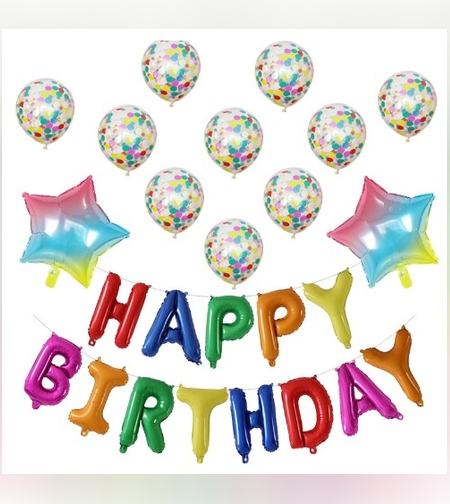 Set 12 Baloane si 1, Set pentru Aniversare, mesaj Happy Birthday, din folie de aluminiu, 30 -45 cm, Cu paiete, latex si folie, Multicolor