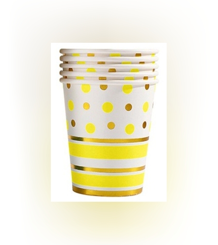 Set 10 Pahare, Flippy, Imprimeu cu Buline si Dungi, din Carton, 250 ml, 7.5 x 8.5 x 5.2 cm, Galben/Auriu