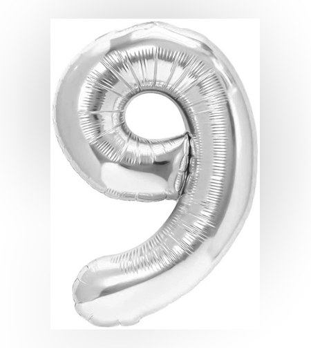 Balon din Folie Metalizata Flippy, Figurina Cifra, Tema Aniversare 40 cm, Ambalaj Individual, Pai inclus, Umflare cu Aer sau Heliu, Argintiu, Cifra 9