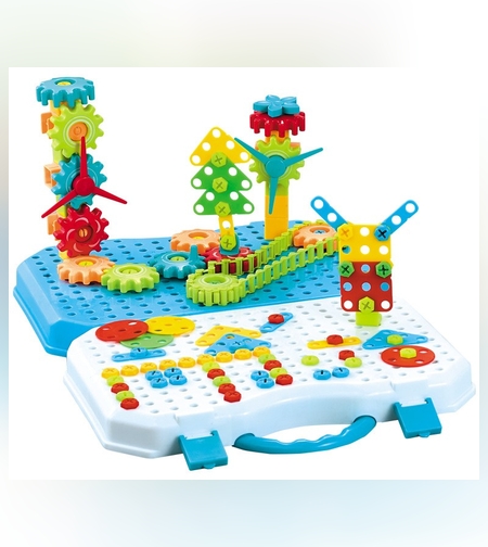Jucarie Educativa Si Interactiva, Flippy, Set De Constructie Puzzle Din ABS Cu Bormasina Pentru Dezvoltatea Creativitatii Si A Indemanarii 2D si 3D, Valiza, +3, 31x7x25 cm, 336 Piese