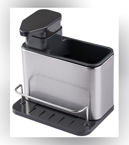 Dispenser Multifunctional, Flippy, Dozator pentru Detergent, pentru Sapun Lichid, Dezinfectant, cu Suport pentru Ustensile, 18.5 x 18 x 12.8 cm Negru