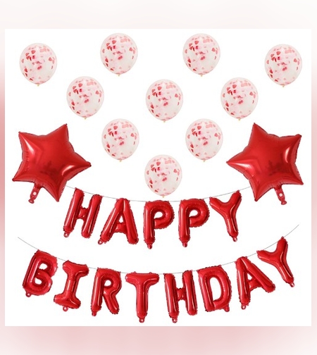 Set 12 Baloane si 1, Set pentru Aniversare, mesaj Happy Birthday, din folie de aluminiu, 30 -45 cm, Cu paiete, latex si folie, Rosu