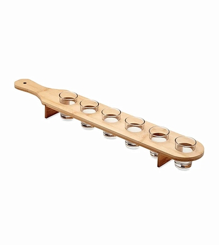 Set 6 Pahare Shot din Sticla Flippy, cu Suport din Lemn, Design Rustic, 49.5 x 7 x 6.5 cm, Maro