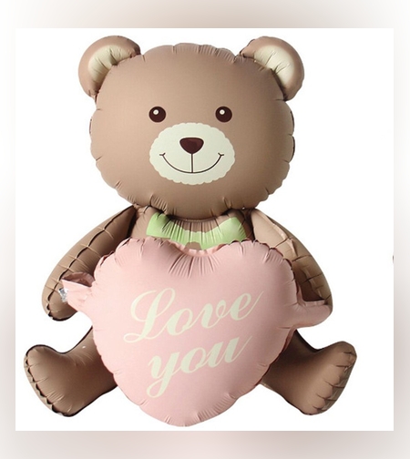 Balon din Folie Metalizata, Flippy, Figurina Animata, Model Ursulet cu Inimioare, 105.5 x 66.5 cm, Ambalaj Individual, Pai Inclus, Umflare cu Aer sau Heliu, Maro