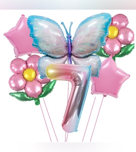 Set baloane aniversare cu numere, din folie de aluminiu, 6 piese, 2 flori, 2 stelute, 1 fluture, 1 cifra, Multicolor, Cifra 7