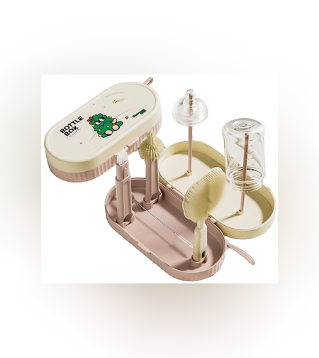 Set 7 Piese de Spalat/Uscat Biberoane, Flippy, Portabil, Peri de Silicon, pentru Tetine, Suzete, Biberoane, Paie, Cutie Inclusa, 20 x 9.5 cm, Roz