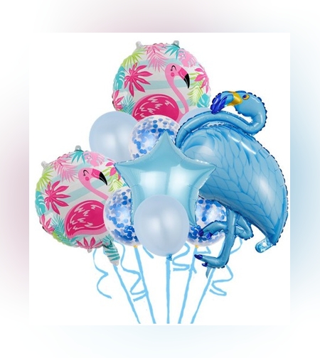 Set Baloane party aniversare, Flippy, din Folie de aluminiu si Latex, set din 10 baloane Flamigo Party, 1 stea, 5 baloane latex, 2 rotunde, 60 -90 cm, Albastru
