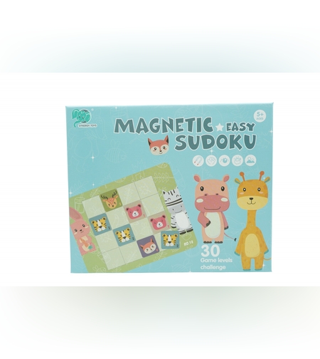 Joc educativ Sudoku cu tablita magnetica, 32 de piese, cartonase cu animale, Verde