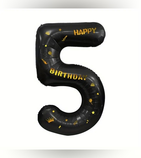 Balon din Folie Metalizata Flippy, Figurina Cifra, Scris Happy Birthday, Tema Aniversare 100 cm, Ambalaj Individual, Pai inclus, Umflare cu Aer sau Heliu, Negru, Cifra 5