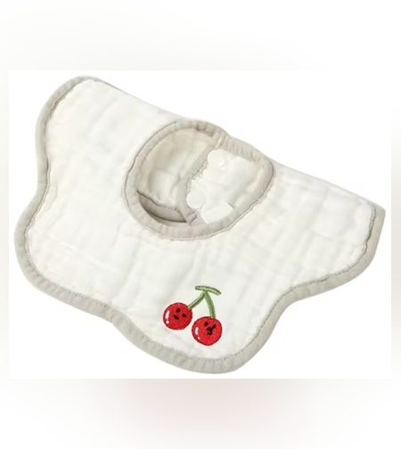 Baveta Tip Floare, Flippy, din Bumbac, pentru Copii 0-12 Luni, Rezistenta la apa, 8 Straturi, Model Tricotat cu Cirese, 26 x 29 cm, Alb