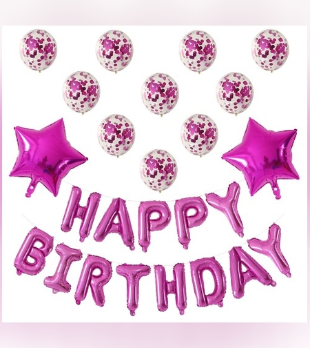 Set 12 Baloane si 1, Set pentru Aniversare, mesaj Happy Birthday, din folie de aluminiu, 30 -45 cm, Cu paiete, latex si folie, Roz