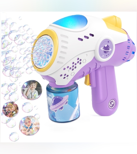 Jucarie Interactiva pentru Baloane de Sapun, Flippy, Sunete si Lumini, Model Pistol, cu 8 Orificii, 19 x 8.8 x 16.3 cm, Mov