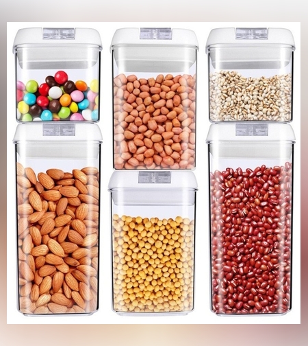 Set 6 Recipiente din Plastic, Flippy, pentru Alimente/Obiecte, Inchidere Ermetica, 2 x 0.5l, 2 x 0.8l, 2 x 1.2l, Capac Alb, Transparent