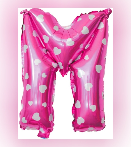 Balon Folie Metalizata Litera M, Flippy, 40 cm, Cu Imprimeu Inimioare, Umflati cu Heliu sau Aer, Ambalaj Individual, Pai inclus, Roz