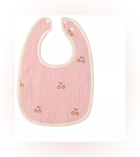 Baveta in Forma de U, Flippy, din Bumbac, pentru Copii 0-12 Luni, Rezistenta la Apa, cu Capse, Model cu Cirese,  21x30 cm, Roz