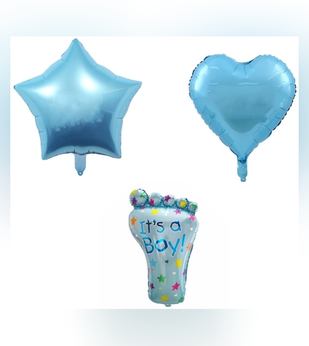 Set 3 Baloane din Folie Metalizata, Flippy, Figurine Picior 46x79 cm, Inima 45cm, Stea 45cm, Model It's a Boy, Tema Gender Reveal, Ambalaj Individual, Pai Inclus, Umflare cu Aer sau Heliu, Albastru