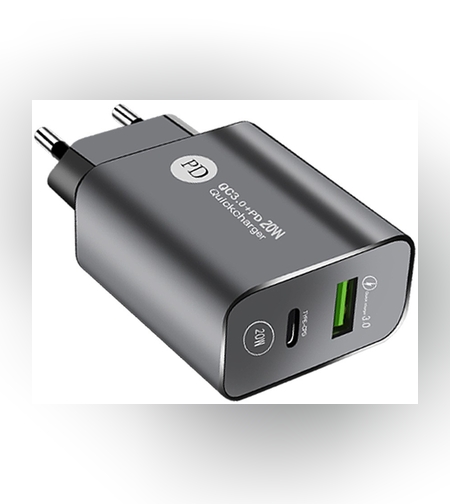 Incarcator Rapid PD QC3.0, Flippy, 2 Porturi, USB + Type C, 20W, Incarcare Rapida, Protectie Supraincalzire, 9.5 x 5.3 x 5.8 cm, Negru