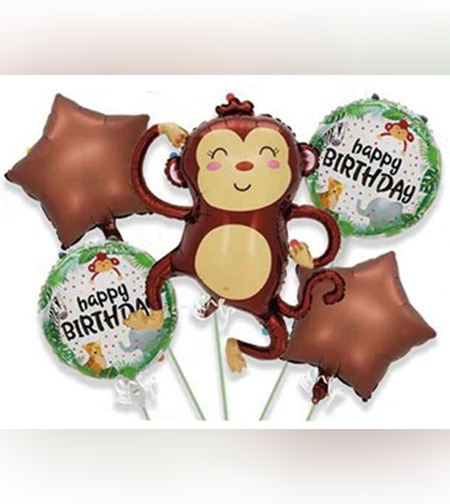 Baloane pentru aniversare, Flippy, tematica Happy Birthday, set 5 baloane, 1 Maimuta 85 x 89 cm, 2 Stele, 2 Rotunde, din folie de aluminiu, pai de carton inclus, Maro