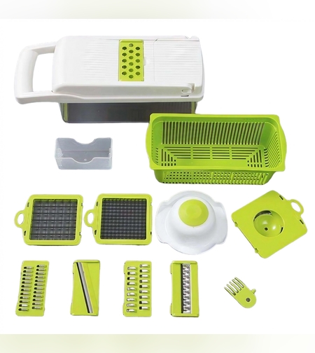 Feliator Multifunctional, Flippy, Razatoare, 8 in 1, pentru Fructe si Legume, 10 Piese, Lame de Inox, Recipient Stocare, Separator Oua, Protectie Mana, ABS, 67.5x38.5x49.5 cm, Verde/Alb