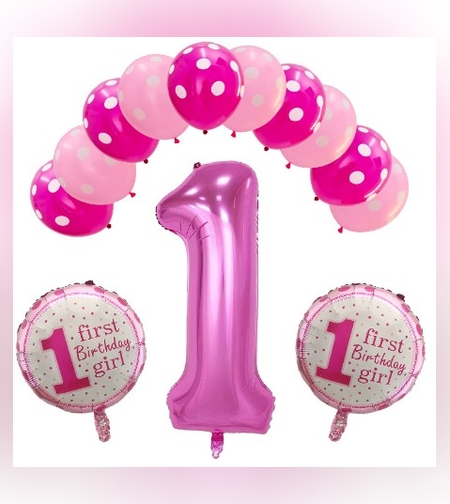 Set 13 baloane, pentru Prima Aniversare, 10 baloane latex, 2 baloane rotunde folie, cifra 1, Roz