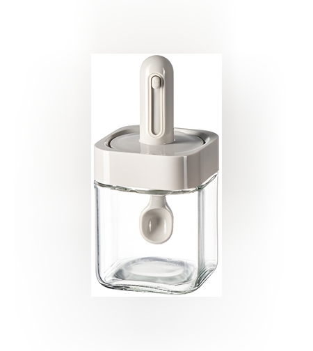 Recipient pentru Depozitarea Condimentelor, Flippy, Borcan din Sticla, Capac si Lingura Incorporate, Uz Casnic, 300 ml, 7.1x7.1x14.8 cm, Gri