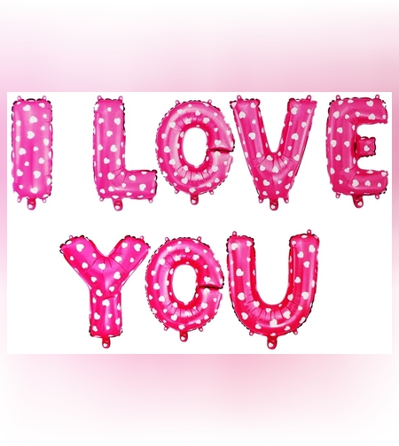 Set 8 Baloane din Folie Metalizata, Figurine Litere, Model I Love You, Tema Ziua Indragostitilor, 40 cm, Ambalaj Individual, Pai Inclus, Umflare cu Aer sau Heliu, Roz cu Inimioare Albe
