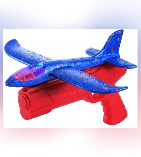Pistol cu Lansator de Avion, Flippy, din Polistiren+Plastic, +3 Ani, Avion 24 cm, Lansare 10 m, Rosu/Albastru
