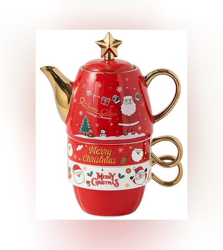 Set de Ceai, Flippy, Tema Craciun, Ceainic 450 ml, 2 Cani 250 ml, Model Mos Craciun, Rosu/Auriu