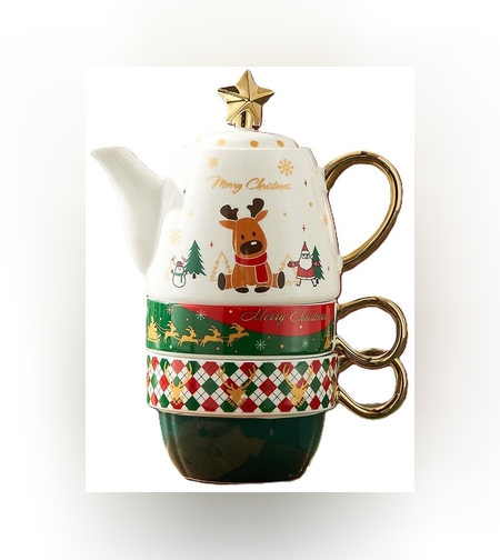 Set de Ceai, Flippy, Tema Craciun, Ceainic 450 ml, 2 x Cani 250 ml, din Ceramica, Model Ren Merry Christmas, Alb/Verde