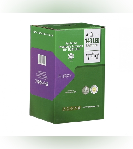 Sectiune de Craciun Flippy® Tip Turturi, 8 jocuri de lumini Sectiu 5 m, 143 LED-uri, Interconectabila, Fir Alb, Alb Cald