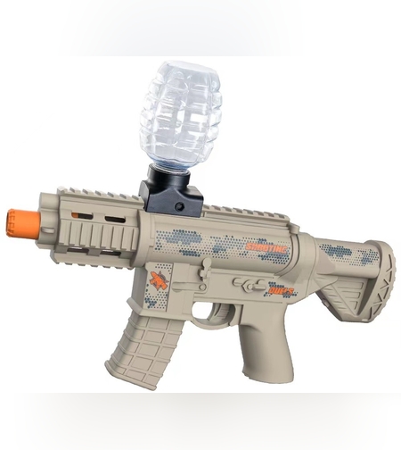 Mitraliera de jucarie electrica Flippy cu bile de hidrogen de gel, gun bluster, tragere in rafala, varsta peste 6 ani, 2 in 1 bile si ventuze, ochelari de protectie,  5000 de bile incluse, cablu de incarcare, 27x31.5 cm, Mp9, crem