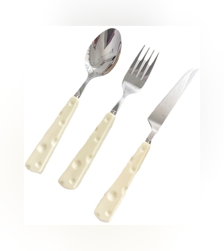 Tacamuri pentru Copii, Flippy, Set 3 Piese, Tacamuri pentru Dejun, Lingura Furculita Cutit, Stil Italian, Manere forma Cascaval Plastic, Inox, 23 cm, Auriu