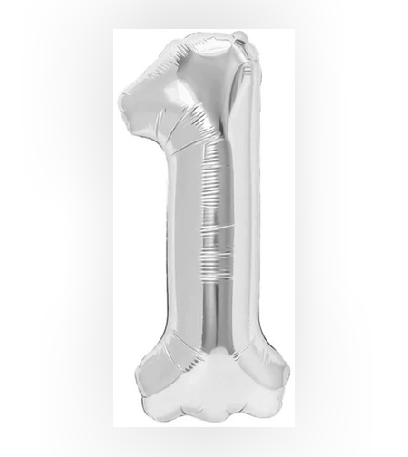 Balon din Folie Metalizata, Flippy, Figurina Cifra, Tema Aniversare 100 cm, Ambalaj Individual, Pai inclus, Umflare cu Aer sau Heliu, Argintiu, Cifra 1