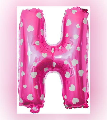 Balon Folie Metalizata Litera H, Flippy, 40 cm, Cu Imprimeu Inimioare, Umflati cu Heliu sau Aer, Ambalaj Individual, Pai inclus, Roz
