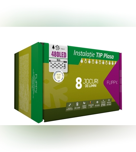 Instalatie Craciun, Tip Plasa, 6 m x 1.5 m, 480 LED-uri, Alb cald, 8 jocuri de lumini, Transformator, Interconectabila, Prelungitor 3 m inclus, Fir transparent, Flippy