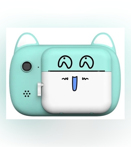 Camera Instantanee pentru Copii, Flippy, Camera Frontala + Selfie, cu Functie de Printare, Cablu USB-C, Bluetooth, Compatibil iOS/Android, Imprimare APP, Model Pisica Smiley Face, Verde