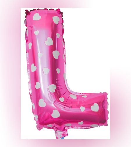 Balon Folie Metalizata Litera L, Flippy, 40 cm, Cu Imprimeu Inimioare, Umflati cu Heliu sau Aer, Ambalaj Individual, Pai inclus, Roz