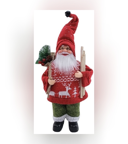 Figurina Decorativa Craciun, Flippy, Mos Craciun cu Lemne la Brat, 30 x 17 x 10 cm, Material Plastic+Textil, Interior/Exterior, Rosu/Verde