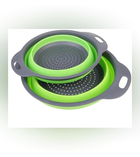 Set 2 strecuratori pliabile din silicon alimentar Flippy, cu manere, fund antiaderent si antialunecare, rotunda, doua dimensiuni, usor de depozitat, compatibil cu masina de spalat vase, verde