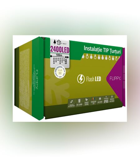 Instalatie Craciun, 100 m, Led-uri ,Franjuri, Alb cald, Flash, Alimentator, Interconectabila, Fir Alb Cauciucat, 220v, Flippy