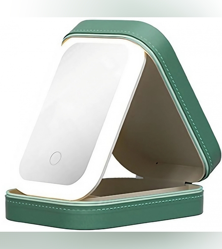 Portfard, Flippy, Geanta Cosmetice, cu Oglinda LED, 3 Moduri de Lumina, Incarcare USB, Baterie 1200 mAh, pentru Organizarea Cosmeticelor, 4 Compartimente, Imitatie Piele, Verde, 16.5x11.5x6 cm