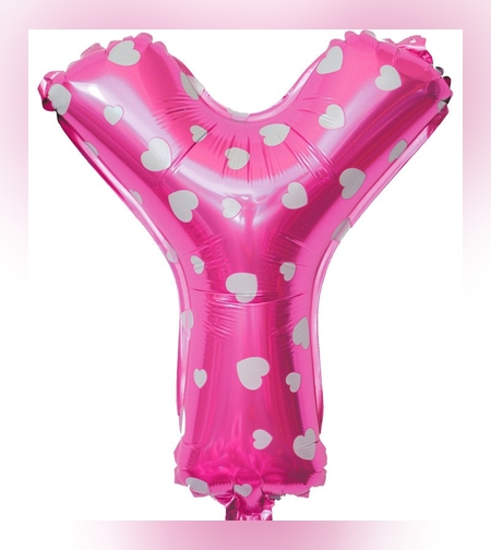 Balon Folie Metalizata Litera Y, Flippy, 40 cm, Cu Imprimeu Inimioare, Umflati cu Heliu sau Aer, Ambalaj Individual, Pai inclus, Roz