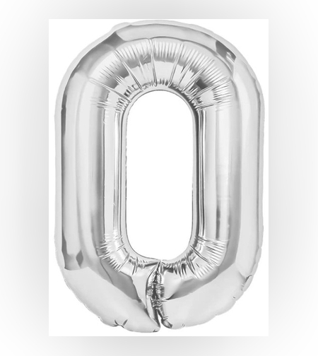 Balon din Folie Metalizata, Flippy, Figurina Cifra, Tema Aniversare 40 cm, Ambalaj Individual, Pai inclus, Umflare cu Aer sau Heliu, Argintiu, Cifra 0